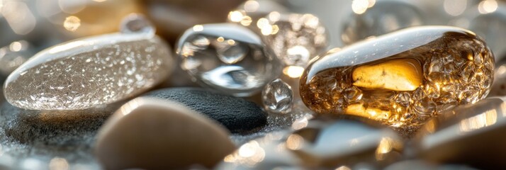 Aufkleber - Close-up of smooth, wet stones with golden hues and subtle light reflections.