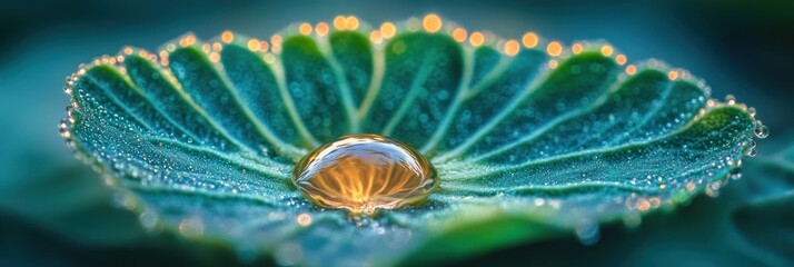 Poster - Dewdrop on a vibrant, teal leaf; sunlight reflecting.