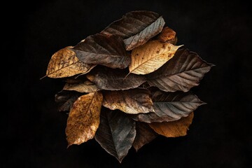 Aufkleber - Pile of dried brown and gold autumn leaves on black background.