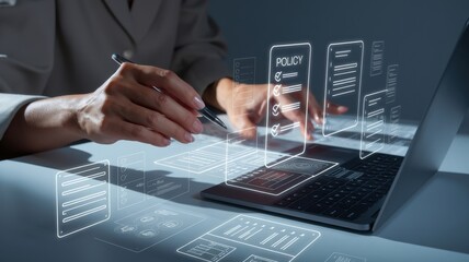 Poster - Man Reviewing Digital Policy Documents for Compliance and Management