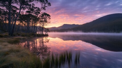 Poster - Serene sunrise over a still lake reflecting colorful sky and mountains, misty shoreline with trees.