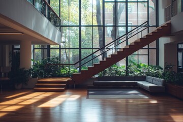Poster - Modern interior with wooden staircase, large windows, plants, and sunlit hardwood floors.
