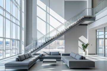 Poster - Modern office lobby with large windows, grey sofas, and a contemporary staircase.