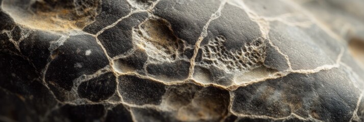 Fototapete - Close-up of a dark gray stone with a cracked and textured surface, showing intricate details of its weathered exterior.
