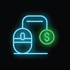Poster - Neon sign illustrating online payment with a dollar symbol hanging from a smartphone and a computer mouse