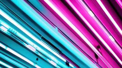 Poster - Abstract diagonal lines of vibrant pink and blue light streaks.
