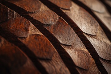 Aufkleber - Close-up of rich brown wood texture with carved, curved patterns.