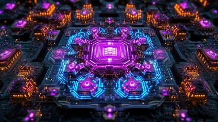 Poster - Abstract digital circuit board with glowing neon lights forming a symmetrical mandala-like pattern.