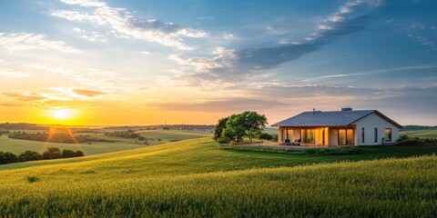 Aufkleber - Modern house on a hill at sunset overlooking a field.