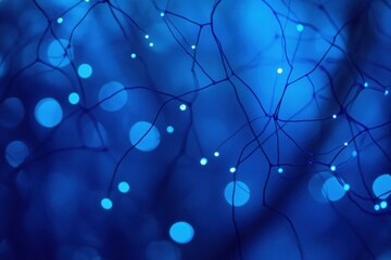 Fototapete - Abstract blue network with glowing nodes and blurred bokeh background.