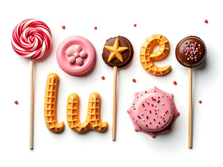 Poster - Text Made Of Sweets Such As Lollipops Waffles Chocolates Macarons And Biscuits Is Isolated On A White Background. 00001