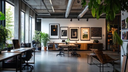 Aufkleber - Modern industrial office space with large windows, wooden furniture, and potted plants.