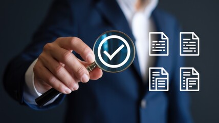 Poster - Hand holding magnifying glass with checkmark, quality control, verification, approval, business concept image