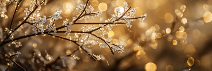 Poster - Frost-covered branches against a blurred bokeh background of golden light.