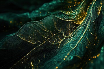 Poster - Close-up of dark teal fabric with gold glitter detailing, creating a luxurious and textured surface.