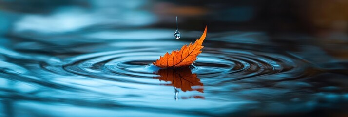 Poster - Autumn leaf floats on water, a drop falls, creating ripples.