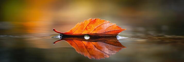 Poster - Single autumn leaf floats on calm water, reflecting its vibrant orange color.