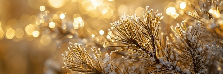 Poster - Close-up of frost-covered pine needles with blurred golden bokeh background.