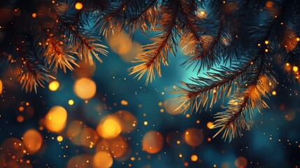 Poster - Close-up of a pine branch with bokeh lights, creating a festive winter background.