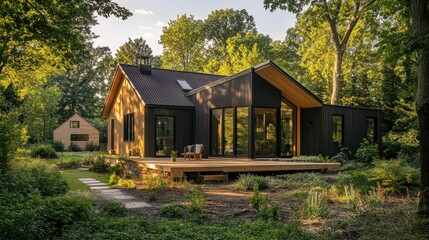 Poster - Modern black farmhouse with large windows, deck, and surrounding trees.