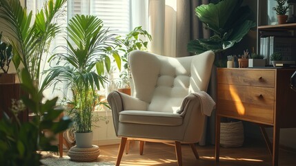 Aufkleber - Sunlit room with armchair and various indoor plants.