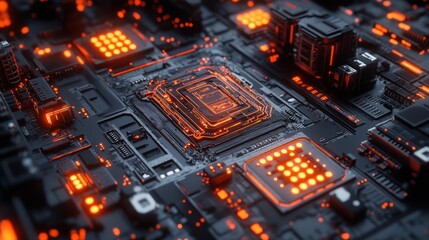 Aufkleber - Close-up of a glowing orange central processing unit (CPU) on a dark circuit board.