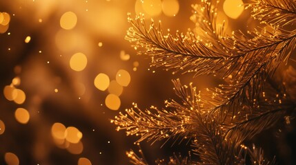 Poster - Golden, glistening pine branch against a bokeh background.