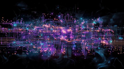 Poster - Abstract digital network data flow visualization with glowing nodes and connections.