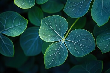 Poster - Close-up of lush green leaves with detailed veins, illuminated by soft light.