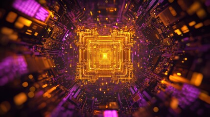 Fototapete - Abstract digital tunnel with glowing orange and purple lights, intricate details, and a central square.