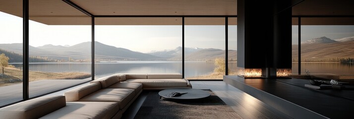 Poster - Modern living room with large windows overlooking a lake and mountains.