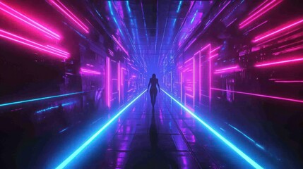 Poster - Woman walks through a neon-lit futuristic corridor.