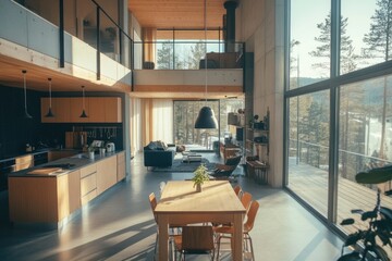 Aufkleber - Modern open-plan house interior with high ceilings, large windows, kitchen, living room, and dining area.