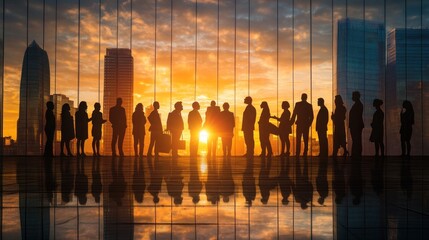 Poster - Silhouetted businesspeople networking at sunset against a city skyline.