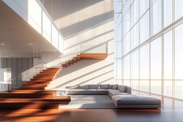 Poster - Modern minimalist living room with wooden staircase, large windows, and sunlight streaming in.