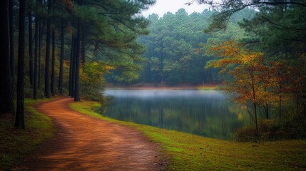 Poster - Serene autumnal lake path scene with misty fog, colorful foliage, and calm water reflecting trees.