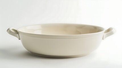 A ceramic casserole dish with handles on a spotless white background