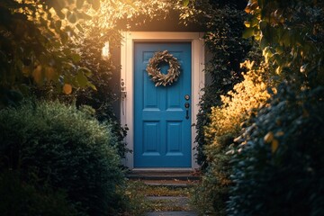 Poster - Blue front door with wreath, nestled in lush greenery, sunlight filtering through leaves.