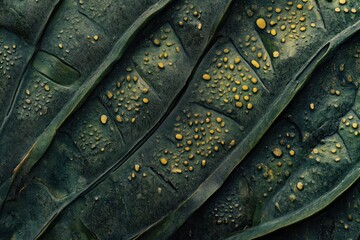 Poster - Close-up of dark green leaf with yellow dots, intricate texture and pattern.