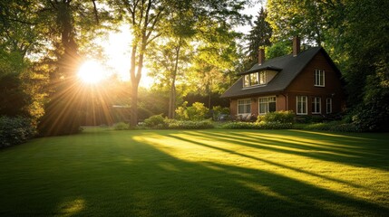 Poster - Sunset casts long shadows on a lush green lawn in front of a charming house nestled among trees.