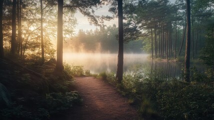 Poster - Misty sunrise over serene forest lake with path.
