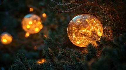 Aufkleber - Illuminated glass orbs adorn a pine tree at night, creating a warm, magical ambiance.