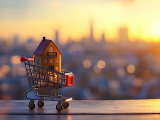 Poster - Miniature house in shopping cart against sunset city backdrop. (6)