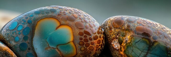 Poster - Close-up of two polished stones with intricate patterns and vibrant teal, orange, and brown colors.