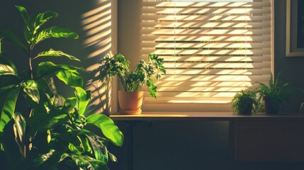 Poster - Sunlight streams through window blinds illuminating potted houseplants on a windowsill.