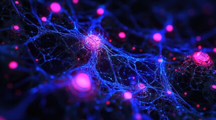 Poster - Microscopic view of a neural network, glowing nodes and intricate connections.