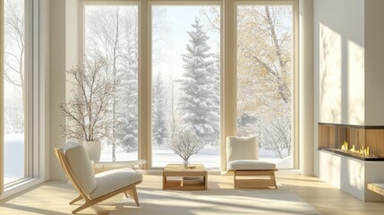 Poster - Minimalist living room with large windows overlooking a snowy winter landscape.