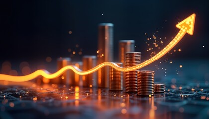 Aufkleber - Financial growth illustration shows stacks of coins with glowing upward arrow graph. Business success, profit increase represented on market stock background. Futuristic finance concept. Trendy graph