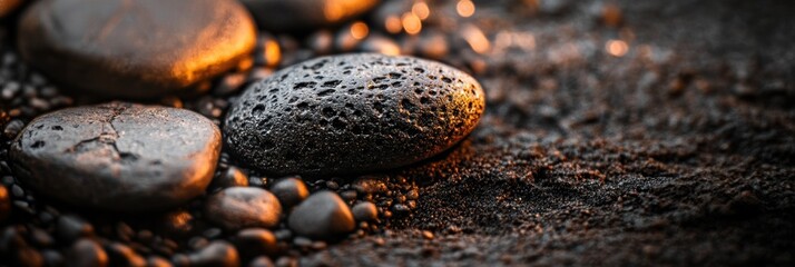 Poster - Close-up of dark, textured volcanic rocks on black sand.