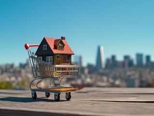 Poster - Miniature house in shopping cart against city backdrop. (22)